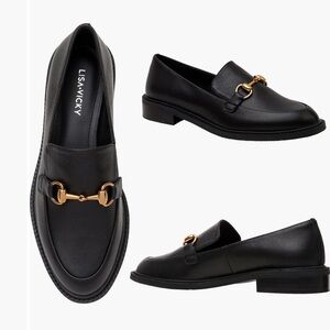 NWOT Lisa Vicky black Leather Loafers with Gold Accent and Flat Heel.